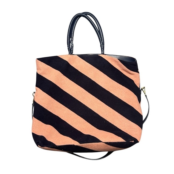 Anthropologie Striped Fuzzy Tote Bag Pouch Combo Pink & Navy Carry On Weekender - Picture 3 of 10